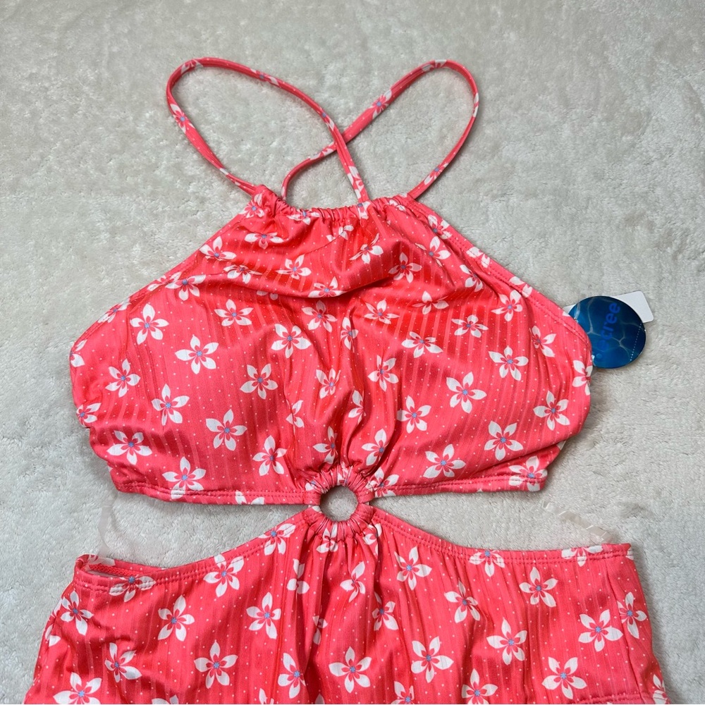 Decree Retro Boho Floral Coral Pink Cut Out Swimsuit Halter Neck Cheeky Beach - Picture 3 of 10